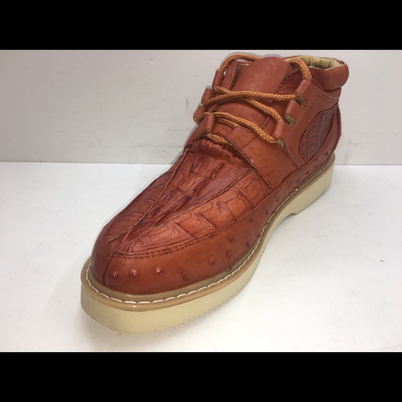 Men’s Crocodile/Ostrich Print Leather Shoes Cognac - Picture 3 of 5